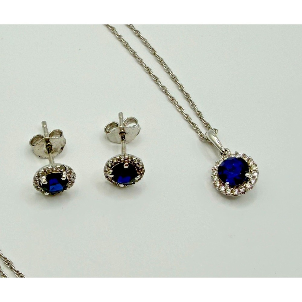 925 Sterling Silver Sapphire Necklace & Earrings Set Blue Sapphire CZ Halo